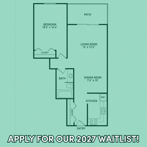 Floor plan for 1 bed, 1 bath, 440 sqft